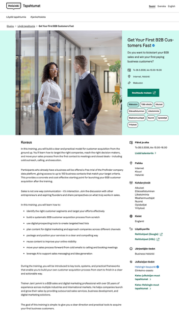 Business Helsingin tapahtumasivu: Get Your First B2B Customers Fast -webinaari, kouluttajana Jani Lammi